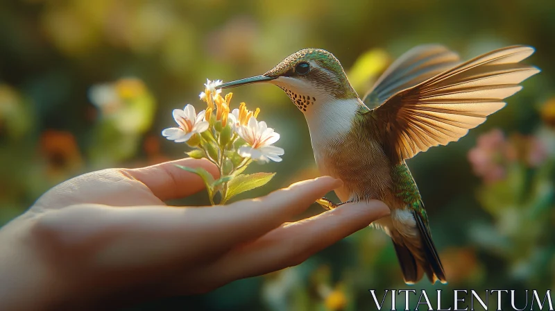 Tiny Bird on Hand with Flowers AI Image