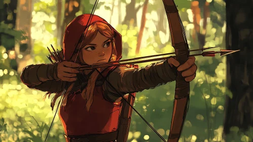 Young Archer Aiming in Forest