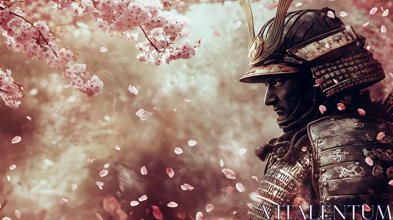 Armored Samurai with Falling Cherry Blossoms AI Image