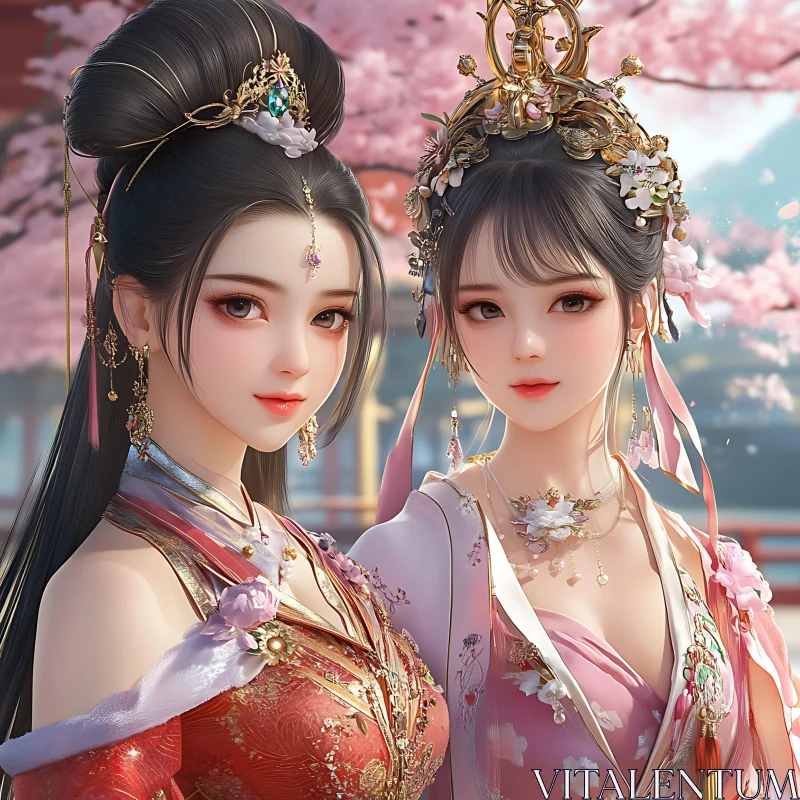 Twin Beauties in Ancient Attire AI Image