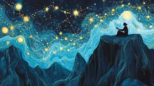 Silhouette Reading Under Constellations Art