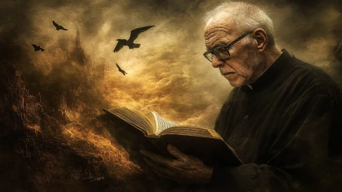 Priest Reading Book in Cloudy City