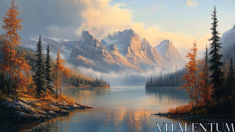 AI ART Mountain Lake at Sunrise in Autumn