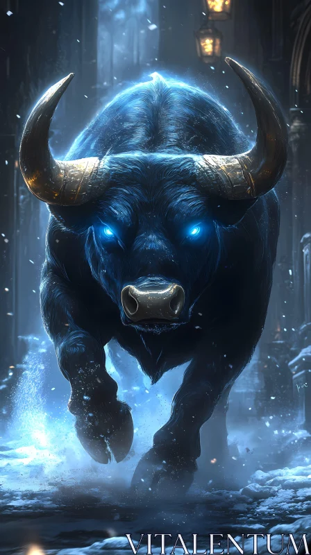 Enchanted Bull in Frosty Nightscape AI Image