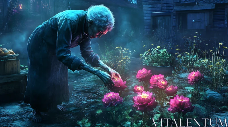 Pink Flowers in the Night Garden AI Image