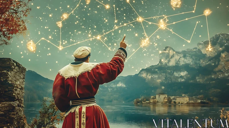 AI ART Man Points to Constellation over Lake