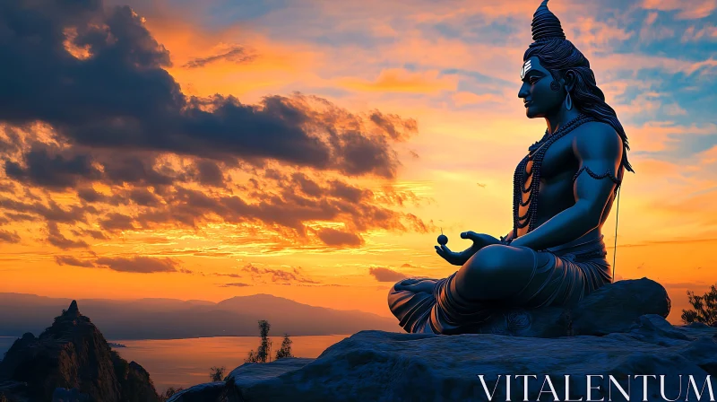 Meditative Statue at Sunset AI Image