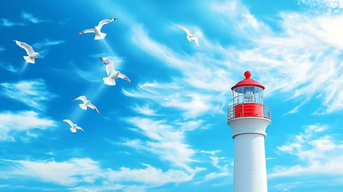 Seagulls Flying Near Lighthouse