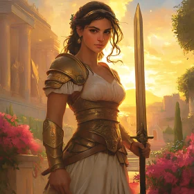 Female Warrior with Sword in Sunset