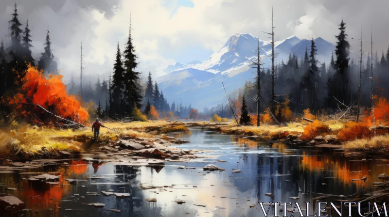 Captivating Autumn Painting: Tranquil Stream and Majestic Trees AI Image