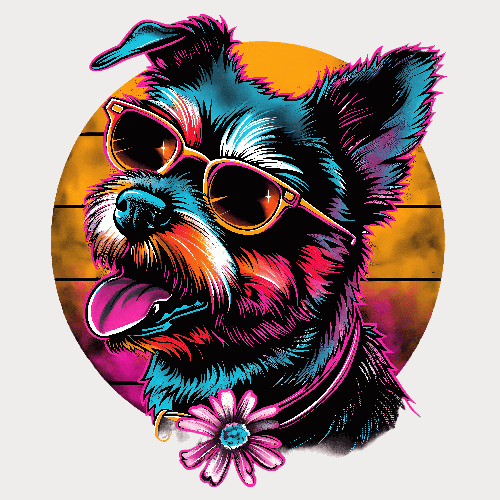 Cartoon Dog with Sunglasses and Colorful Sunset POD Design