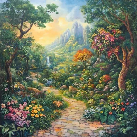 Enchanting Scenic Valley with Colorful Flora and Glowing Sunset