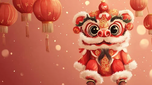 Red Lanterns and Lion Dance Figure