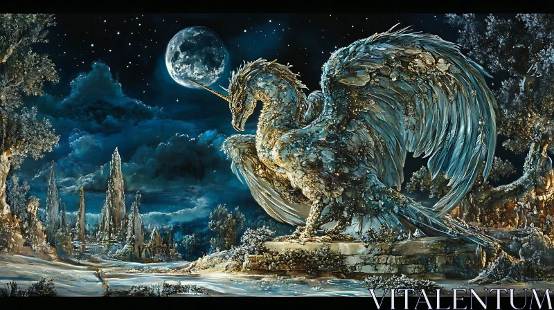 AI ART Mystical Winged Unicorn Under Moonlit Sky