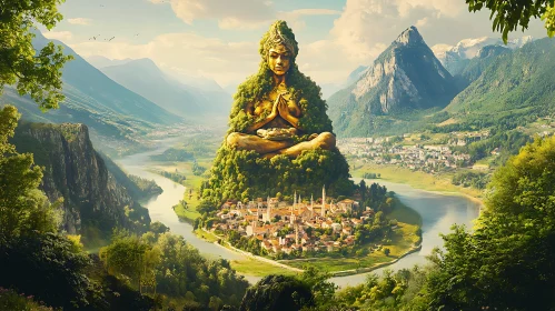 Tranquil Mountain Valley with Monumental Statue