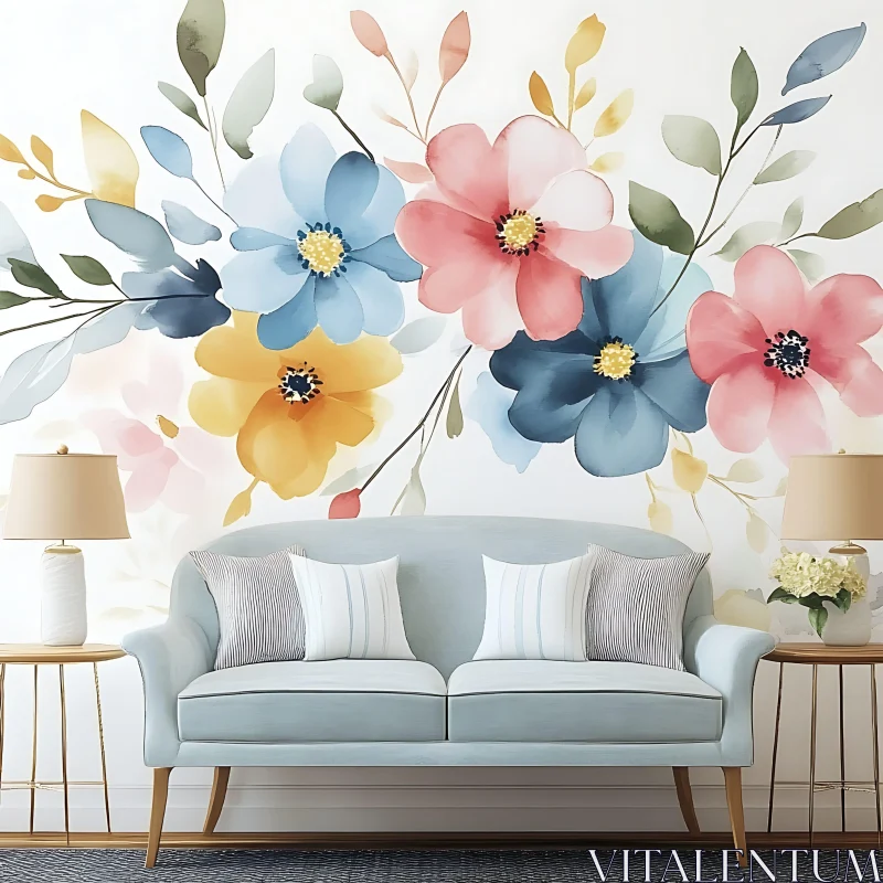 AI ART Living Room with Pastel Floral Wall Art