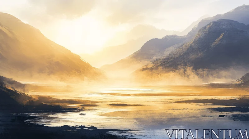 AI ART Ethereal Mountain Landscape with Sunlit Mist