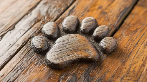 Detailed Wooden Paw Print on Rustic Plank