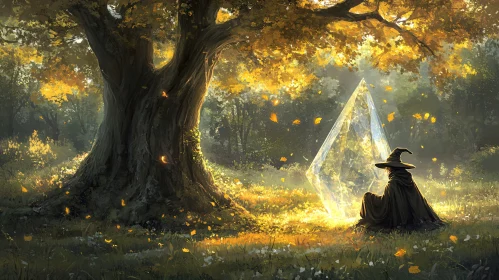 Mystical Wizard in Golden Forest Glade