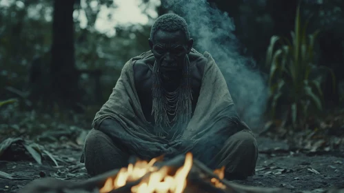 Tribal Man Meditating by Campfire