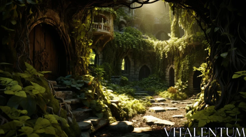 Enchanted Forest Pathway to Vine-Covered Castle AI Image