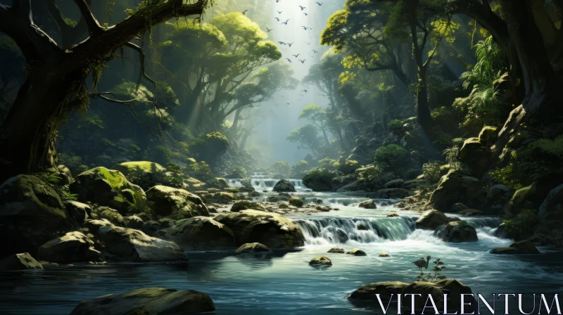 Enchanting Forest with Flowing Stream - Mystical Fantasy Artwork AI Image