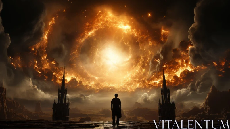 Epic Fantasy Art: Figure Standing on Stone Path amidst Explosion AI Image