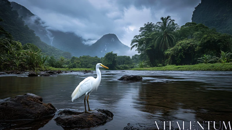 AI ART Tropical River and Misty Mountain Scenery with White Heron