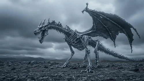 Skeletal Dragon Under Cloudy Sky