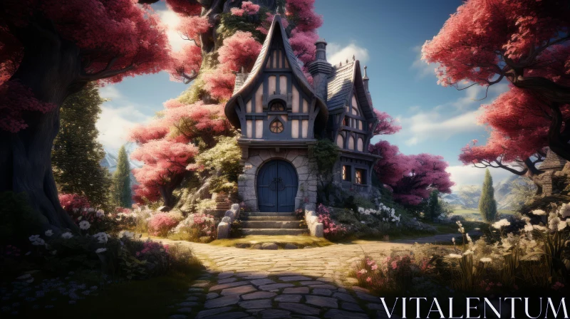 Fairytale Countryside Home with Pink Flowers - Fantasy Artwork AI Image