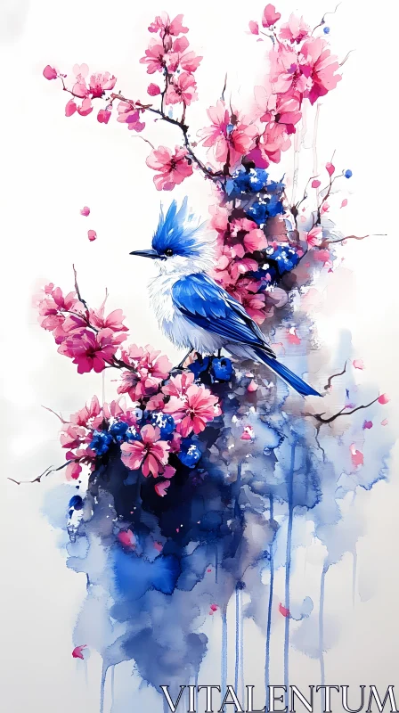 Blue Bird Among Cherry Blossoms Artwork AI Image