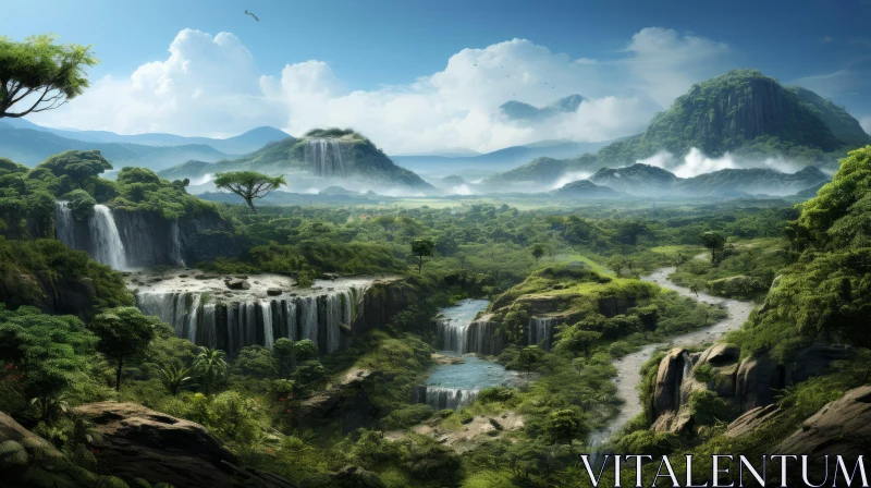 Free Junglecore Wallpaper: Waterfall Landscape with Majestic Elephants AI Image