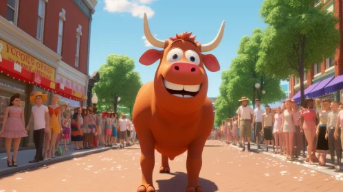 Joyful Cartoon Cow 'Wyatt Earp' on City Sidewalk - Movie Scene