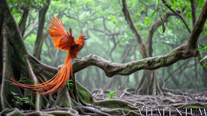 Vibrant Bird with Orange Feathers in Lush Green Forest AI Image