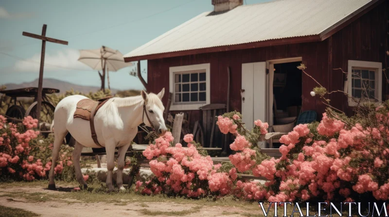 Vintage Vibe: Majestic Horse Standing Next to Building and Flowers AI Image
