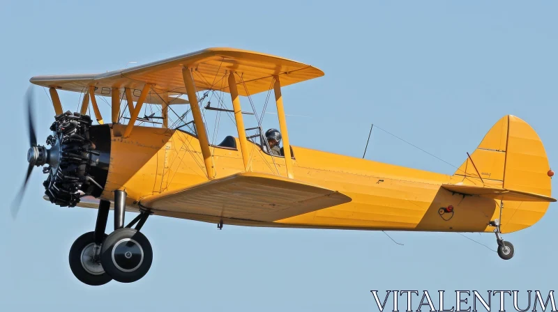 Vintage Yellow Biplane Soaring in the Open Sky AI Image