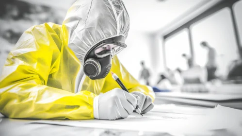 Yellow Radiation Suit: A Captivating Image of a Person Writing in Black and White