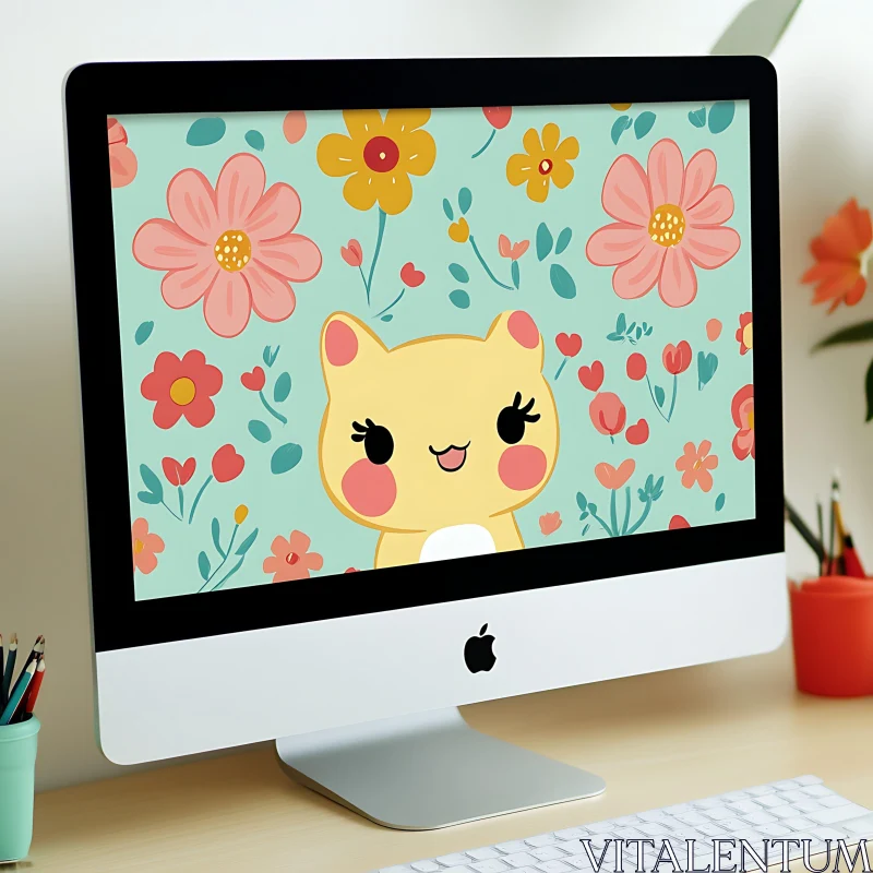 Cute Kitty and Floral Design on Desktop Monitor AI Image