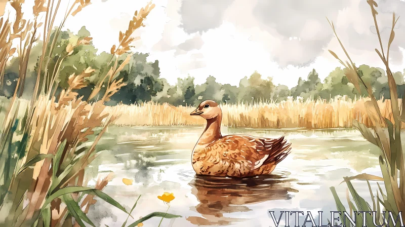 Watercolor Reflection of a Duck AI Image