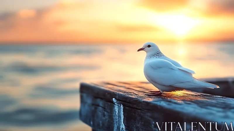 White Pigeon on Pier at Sunset AI Image