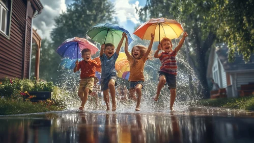 Kids Playing in Rain with Umbrellas