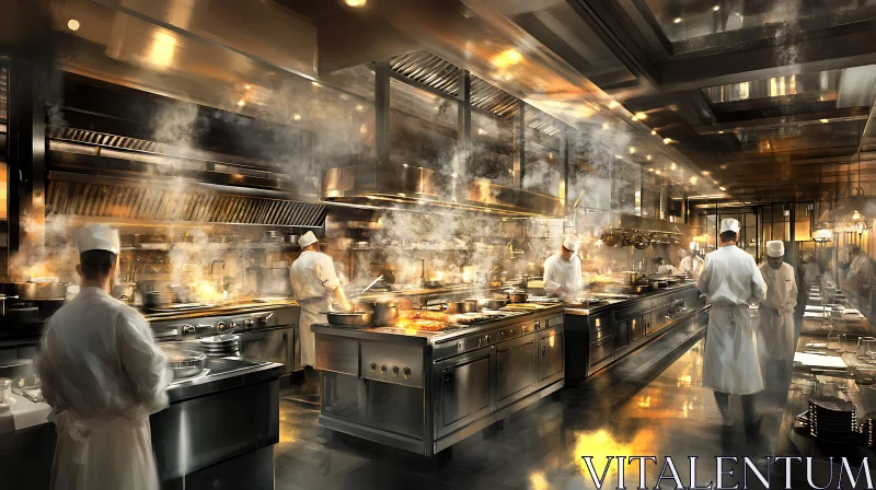 Intense Culinary Scene in a Restaurant Kitchen AI Image