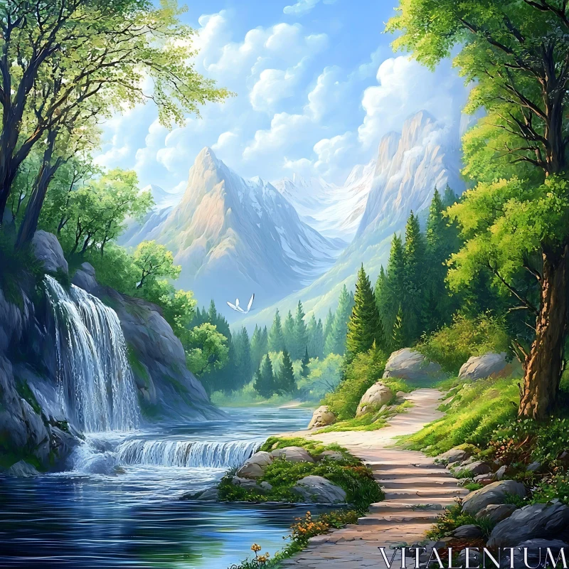 Tranquil Nature Scene with Cascading Waterfall AI Image