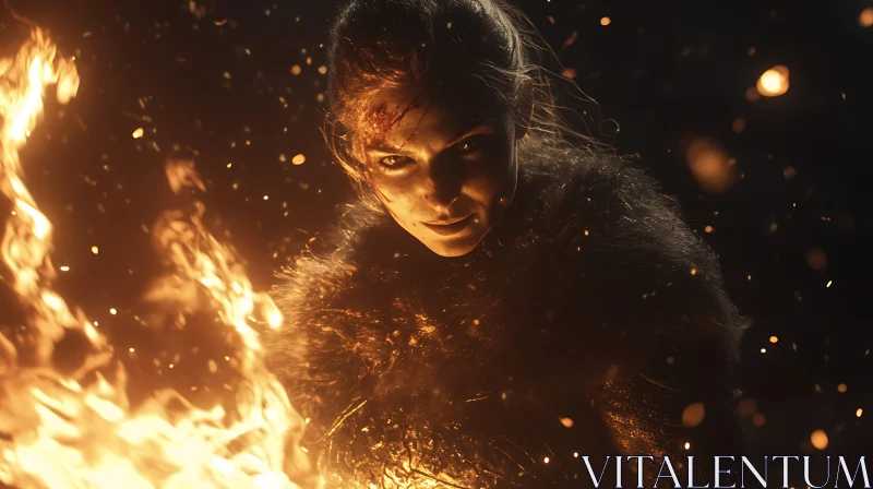 Woman in Flames with Fierce Expression AI Image