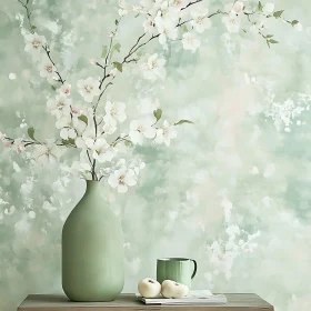Minimalist Decor with Green Vase of White Flowers and Apples