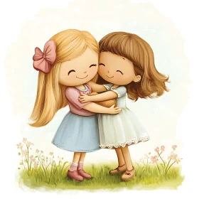 Cartoon Girls Hugging in a Field