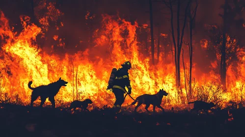 Firefighter Rescuing Dogs Amidst Forest Wildfire