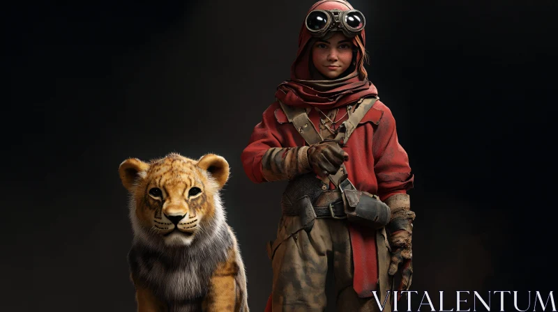 Young Adventurer with Lion Companion AI Image