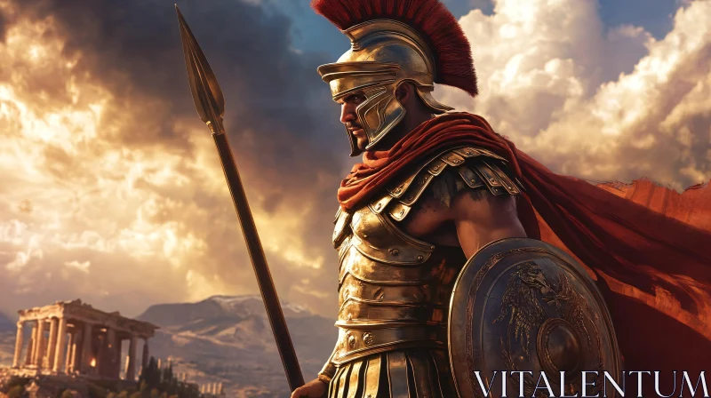 AI ART Golden Armored Spartan Guarding Ancient Temple