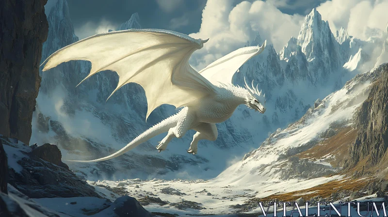 AI ART Icy Flight: White Dragon in Mountainous Landscape